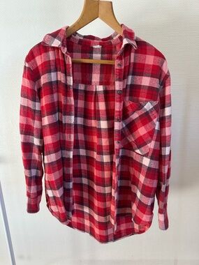 aerie Red and Pink Plaid Button-Down Shirt